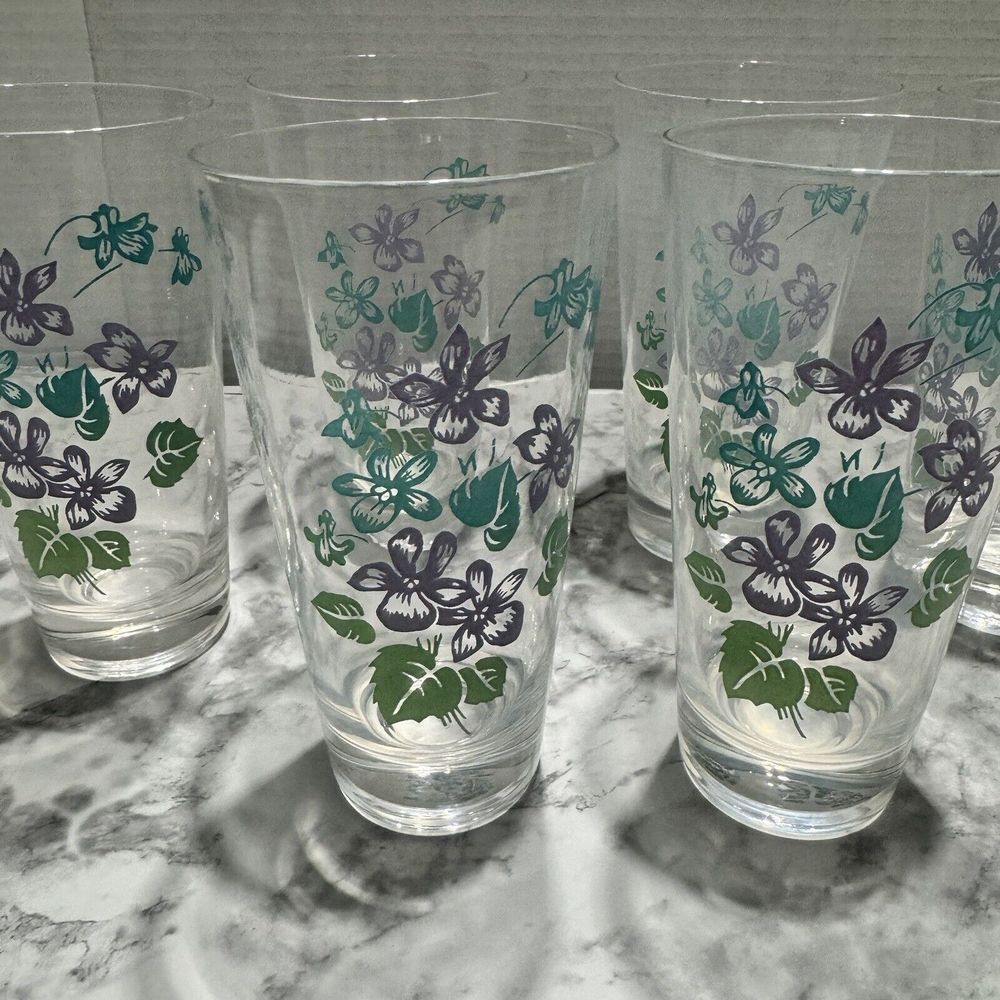 Vintage Violet Print 12oz Drinking Glass/Tumbler, Set Of 6, Lavender/Teal/Green